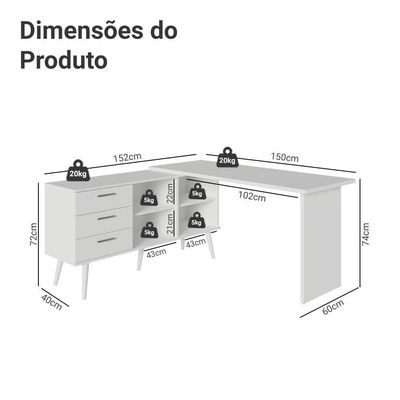 Mesa De Escritório Em L 3 Gavetas Branco Lisboa Madesa Xa Branco