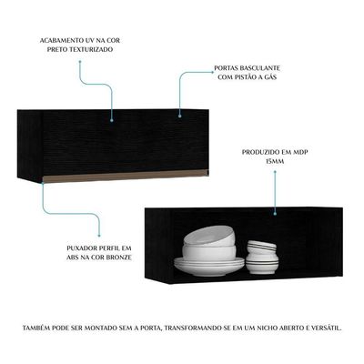 Armário Aéreo 1 Porta Para Cozinha Modulada Milão Menu Móveis Preto