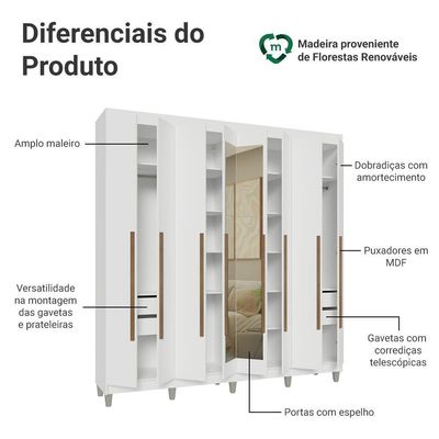 Guarda-roupa Casal Com Pés 8 Portas Batentes Com Espelho Branco-branco-rustic Venus Madesa