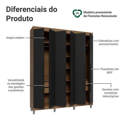 Guarda-roupa Casal Com Pés 6 Portas Batentes Rustic-preto-preto Netuno Madesa