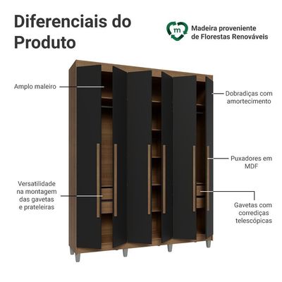 Guarda-roupa Casal Com Pés 6 Portas Batentes Rustic-preto-rustic Netuno Madesa