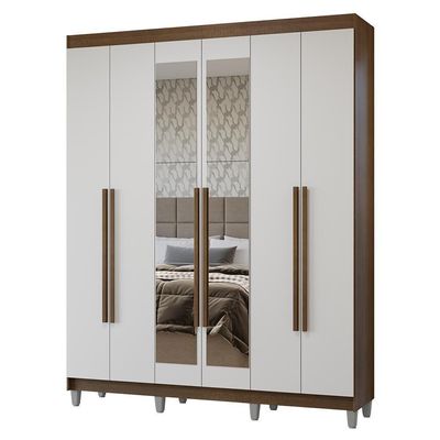 Guarda-roupa Casal Com Pés 6 Portas Batentes Com Espelho Rustic-branco-rustic Netuno Madesa