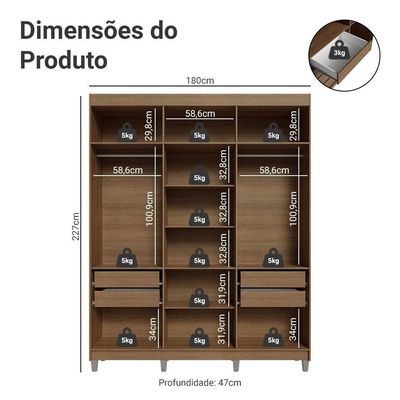 Guarda-roupa Casal Com Pés 6 Portas Batentes Com Espelho Rustic-branco-rustic Netuno Madesa