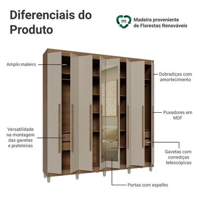Guarda-roupa Casal Com Pés 8 Portas Batentes Com Espelho Rustic-crema-rustic Venus Madesa