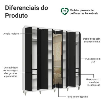 Guarda-roupa Casal Com Pés 8 Portas Batentes Com Espelho Branco-preto-preto Venus Madesa