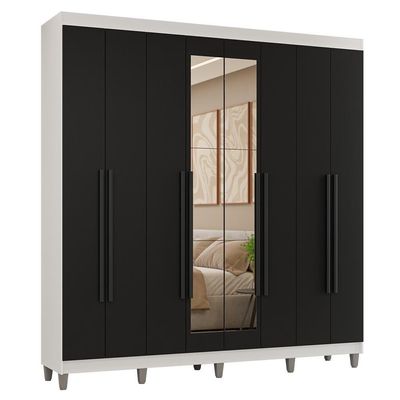 Guarda-roupa Casal Com Pés 8 Portas Batentes Com Espelho Branco-preto-preto Venus Madesa
