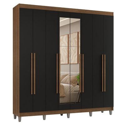Guarda-roupa Casal Com Pés 8 Portas Batentes Com Espelho Rustic-preto-rustic Venus Madesa