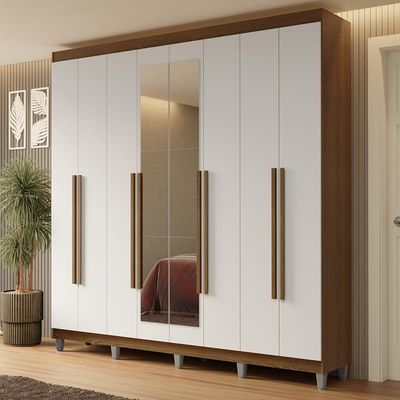 Guarda-roupa Casal Com Pés 8 Portas Batentes Com Espelho Rustic-branco-rustic Netuno Madesa