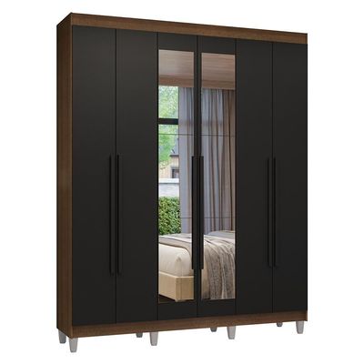Guarda-roupa Casal Com Pés 6 Portas Batentes Com Espelho Rustic-preto-preto Venus Madesa