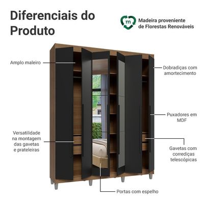 Guarda-roupa Casal Com Pés 6 Portas Batentes Com Espelho Rustic-preto-preto Venus Madesa