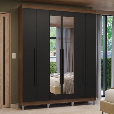 Guarda-roupa Casal Com Pés 6 Portas Batentes Com Espelho Rustic-preto-preto Venus Madesa