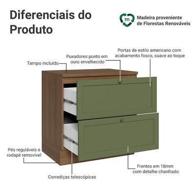 Balcão De Cozinha 80 Cm 2 Gavetas Rustic/verde Vik Madesa Rustic/verde
