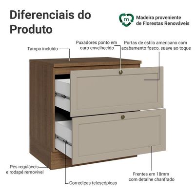 Balcão De Cozinha 80 Cm 2 Gavetas Rustic-crema Vik Madesa Rustic-crema