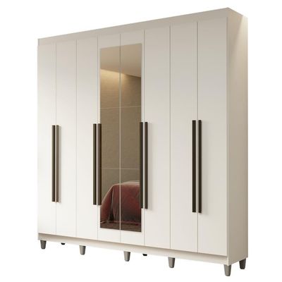 Guarda-roupa Casal Com Pés 8 Portas Batentes Com Espelho Branco-branco-preto Netuno Madesa