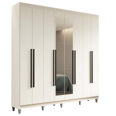 Guarda-roupa Casal Com Pés 8 Portas Batentes Com Espelho Branco-branco-preto Saturno Madesa