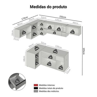 Armário De Cozinha Completa De Canto Suspenso 405cm Nice Madesa 03 Cinza