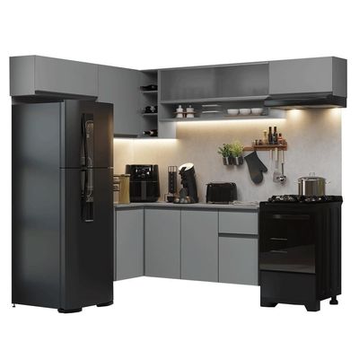 Armário De Cozinha Completa De Canto Suspenso 405cm Nice Madesa 03 Cinza