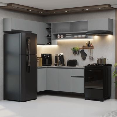 Armário De Cozinha Completa De Canto Suspenso 405cm Nice Madesa 03 Cinza