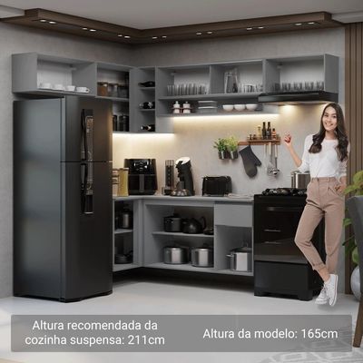 Armário De Cozinha Completa De Canto Suspenso 405cm Nice Madesa 03 Cinza