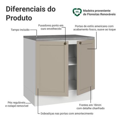 Balcão De Cozinha 80 Cm 2 Portas Branco-crema Vik Madesa Branco-crema