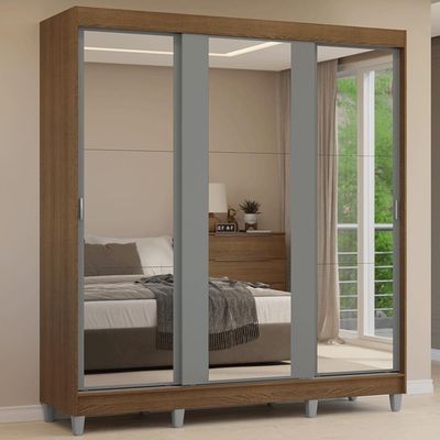 Guarda-roupa Casal Com Pés 3 Portas De Correr De Espelho Rustic Cinza Reno Madesa