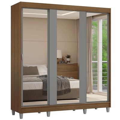 Guarda-roupa Casal Com Pés 3 Portas De Correr De Espelho Rustic Cinza Reno Madesa