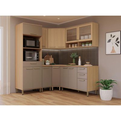 Cozinha Completa De Canto 100% Mdf 378cm Duna Luciane Móveis Freijó-cinammon