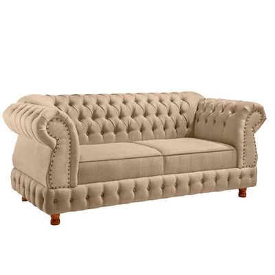 Sofá Chesterfield Moscatto 3 Lugares Via Linho Bege
