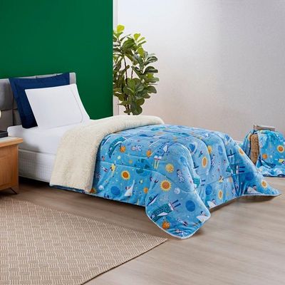 Kit Coberdrom + Jogo De Cama Bouti Kids Solteiro 04 Peças 100% Poliéster - Astronauta