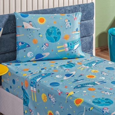 Kit Coberdrom + Jogo De Cama Bouti Kids Solteiro 04 Peças 100% Poliéster - Astronauta