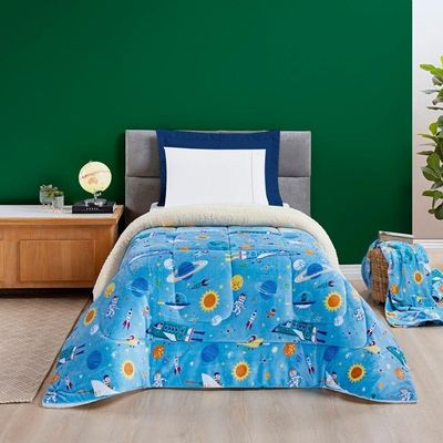Kit Coberdrom + Jogo De Cama Bouti Kids Solteiro 04 Peças 100% Poliéster - Astronauta