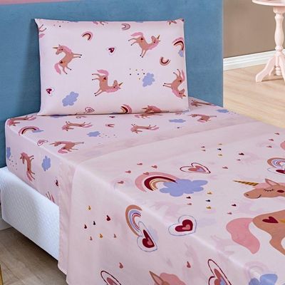 Kit Colcha + Jogo De Cama Bouti Kids Solteiro Infantil 5 Peças 100% Poliéster - Unicórnio