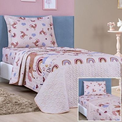 Kit Colcha + Jogo De Cama Bouti Kids Solteiro Infantil 5 Peças 100% Poliéster - Unicórnio