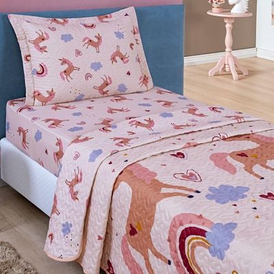 Kit Colcha + Jogo De Cama Bouti Kids Solteiro Infantil 5 Peças 100% Poliéster - Unicórnio