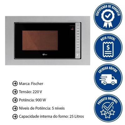 Kit Forno Elétrico 48L + Micro-ondas 25L Fischer Fit Line Embutir Inox 220v