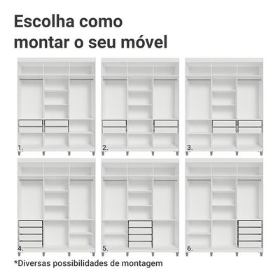 Guarda-roupa Casal Com Pés 6 Portas Batentes Com Espelho Branco-branco-preto Saturno Madesa