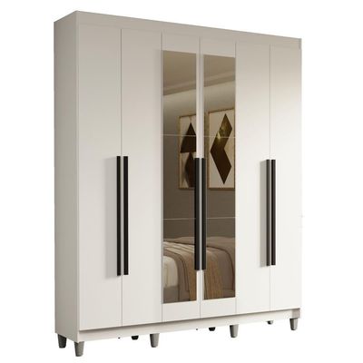 Guarda-roupa Casal Com Pés 6 Portas Batentes Com Espelho Branco-branco-preto Saturno Madesa