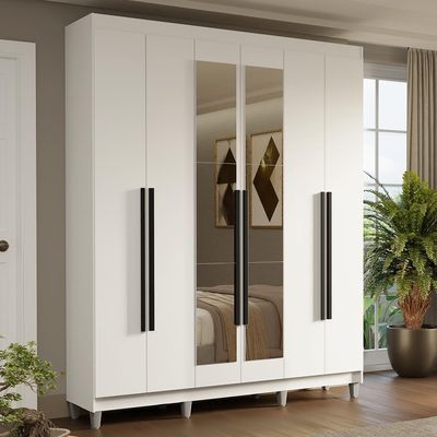 Guarda-roupa Casal Com Pés 6 Portas Batentes Com Espelho Branco-branco-preto Saturno Madesa