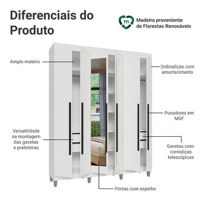 Guarda-roupa Casal Com Pés 6 Portas Batentes Com Espelho Branco-branco-preto Saturno Madesa