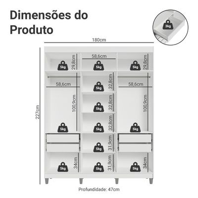 Guarda-roupa Casal Com Pés 6 Portas Batentes Branco-preto-preto Saturno Madesa