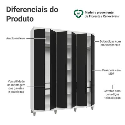 Guarda-roupa Casal Com Pés 6 Portas Batentes Branco-preto-preto Saturno Madesa