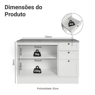 Balcão De Cozinha 120 Cm 2 Portas 3 Gavetas Branco Vik Madesa Branco