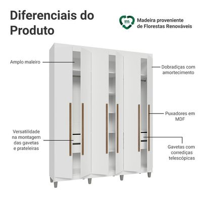 Guarda-roupa Casal Com Pés 6 Portas Batentes Branco-branco-rustic Saturno Madesa