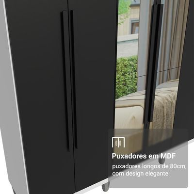 Guarda-roupa Casal Com Pés 6 Portas Batentes Com Espelho Branco-preto-preto Netuno Madesa