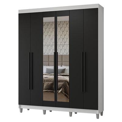 Guarda-roupa Casal Com Pés 6 Portas Batentes Com Espelho Branco-preto-preto Netuno Madesa