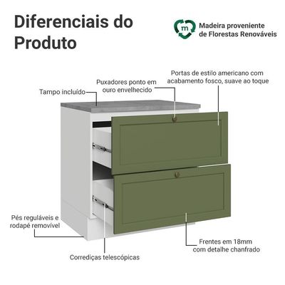 Balcão De Cozinha 80 Cm 2 Gavetas Branco/verde Vik Madesa Branco/verde