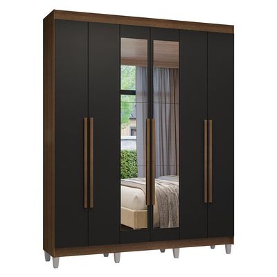 Guarda-roupa Casal Com Pés 6 Portas Batentes Com Espelho Rustic-preto-rustic Venus Madesa