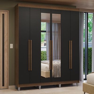 Guarda-roupa Casal Com Pés 6 Portas Batentes Com Espelho Rustic-preto-rustic Venus Madesa