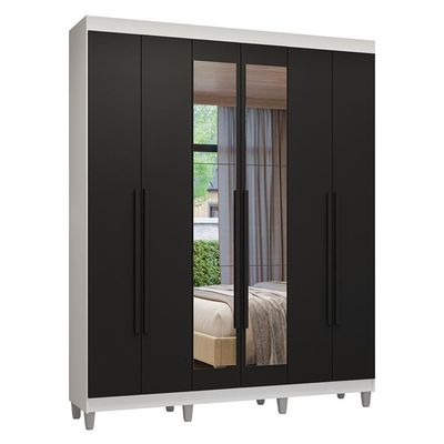 Guarda-roupa Casal Com Pés 6 Portas Batentes Com Espelho Branco-preto-preto Venus Madesa