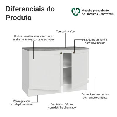Balcão De Cozinha 120 Cm 2 Portas Branco Vik Madesa Branco